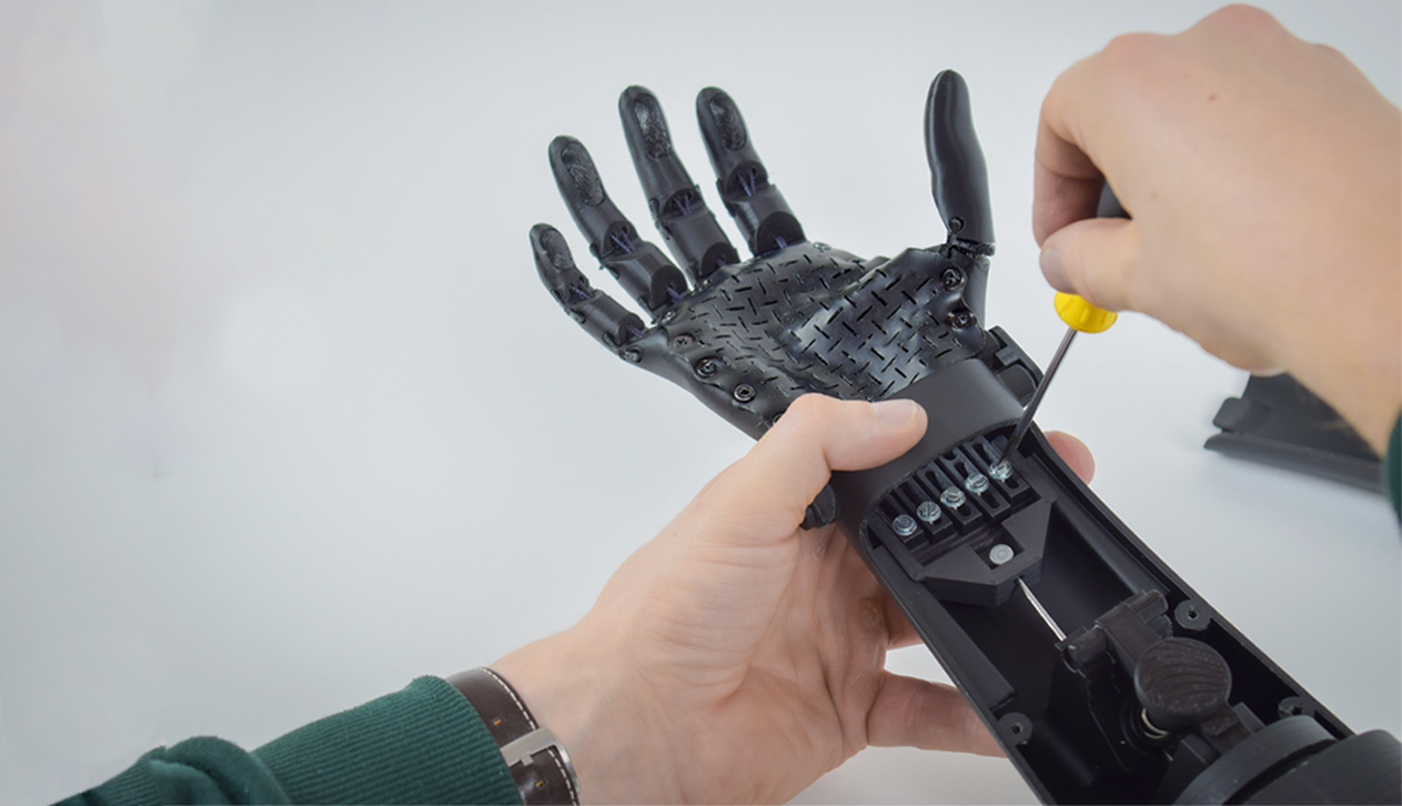 close up of mounting a 3d printed prosthetic arm